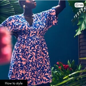 Eloquii Pink and Blue Leaf Palm Beach Midi Dress